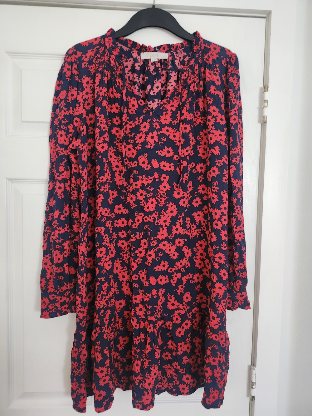LOFT Navy Dress with Bright Coral Floral Print NWOT